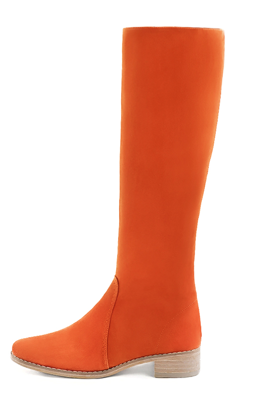 Clementine orange women's riding knee-high boots. Round toe. Low leather soles. Made to measure. Profile view - Florence KOOIJMAN